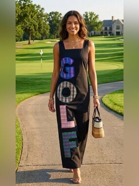 New! QUEEN OF SPARKLES Black and Plaid Golf Maxi Tank Dress